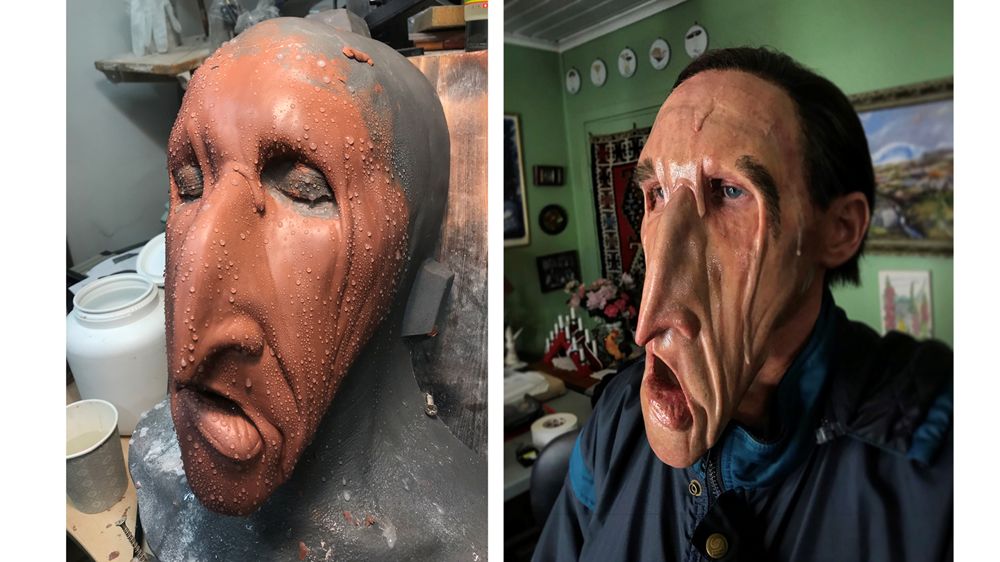 To bilder. Det første kan man se en maske på en dukke. På det andre bildet kan man se masken på en skuespiller. Masken likner et ansikt som smelter. 