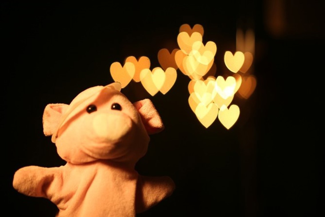 Teddybear with heart shaped lights in the background